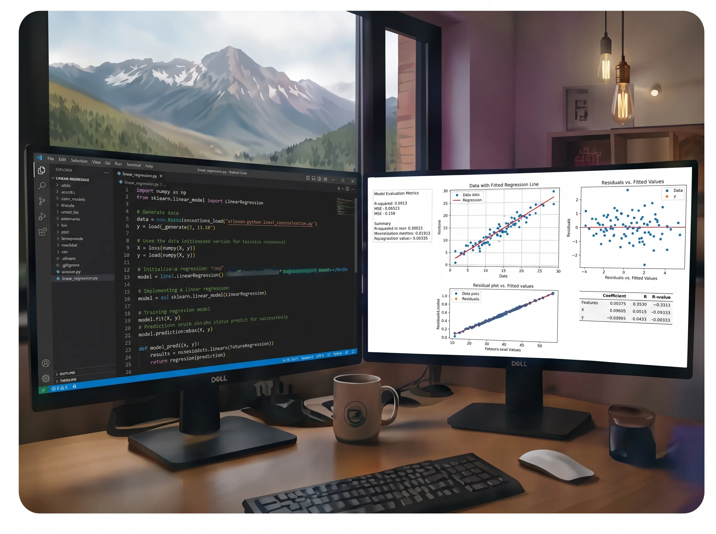 Developer workspace with dual monitors showing Python code and data visualizations