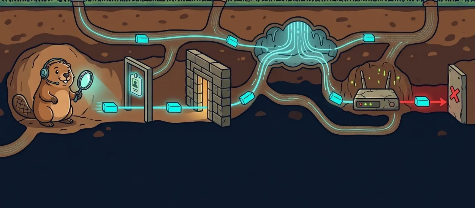 A groundhog engineer with a headset follows glowing data packets through underground tunnels past an identity check, a firewall, a cloud and a router to a blocked destination
