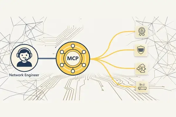 A groundhog engineer with a headset follows glowing data packets through underground tunnels past an identity check, a firewall, a cloud and a router to a blocked destination